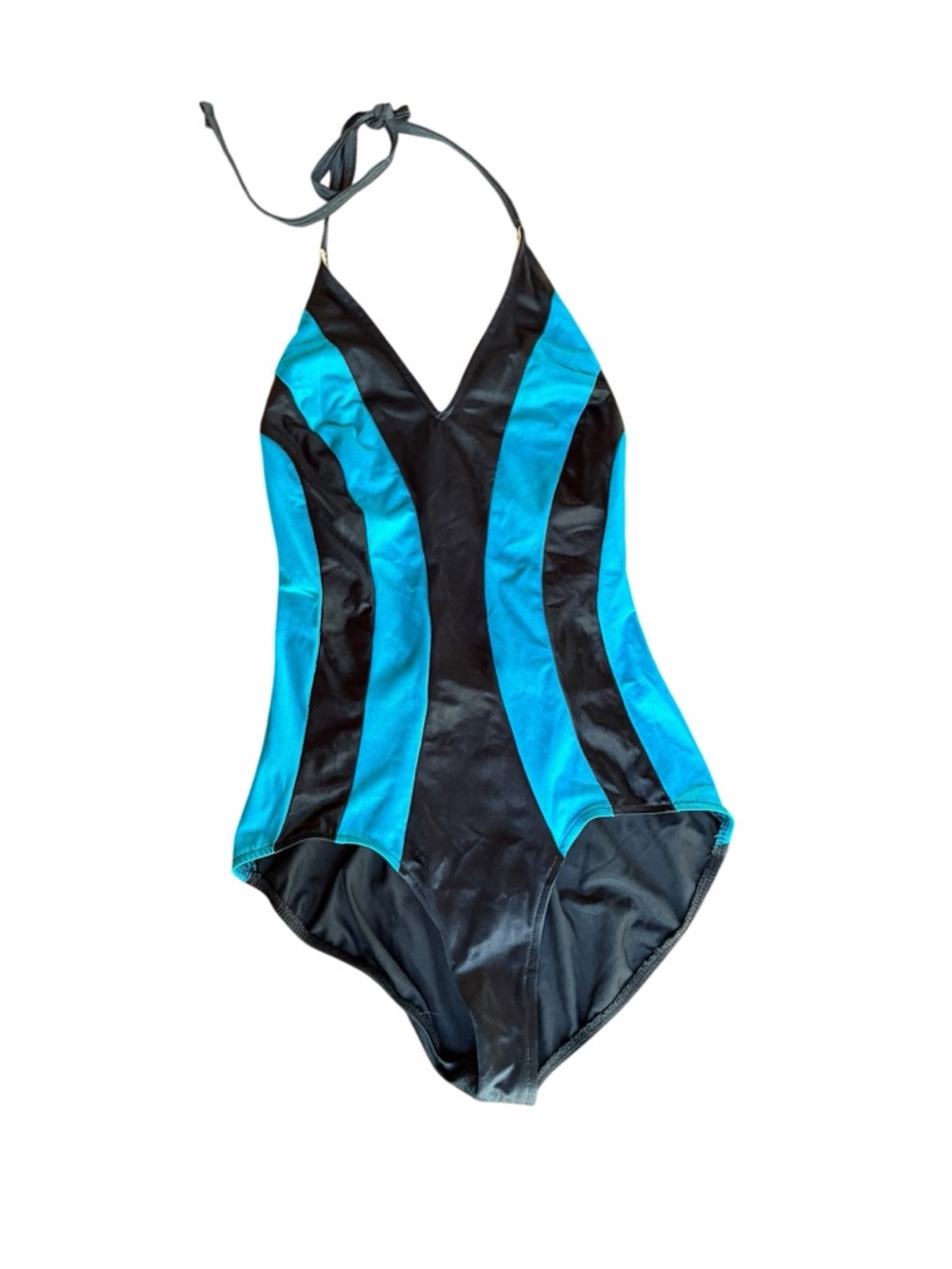 1980s Bold, Graphic Color-block Halter Tie Top Plunging‎ Neckline Swimsuit
